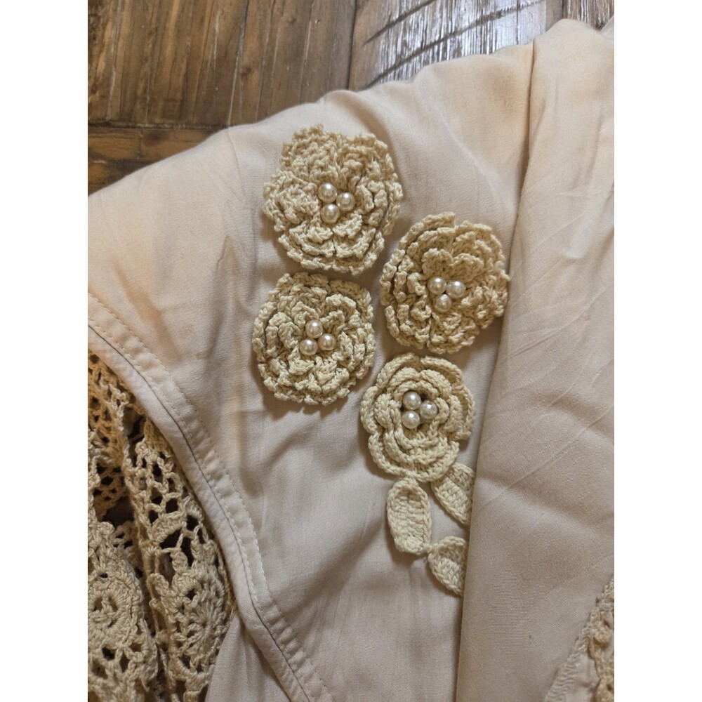 VTG FFC Jacket Boho Size L Beige LINEN OVERSIZED Embroidered Crochet Batwing - Picture 4 of 12